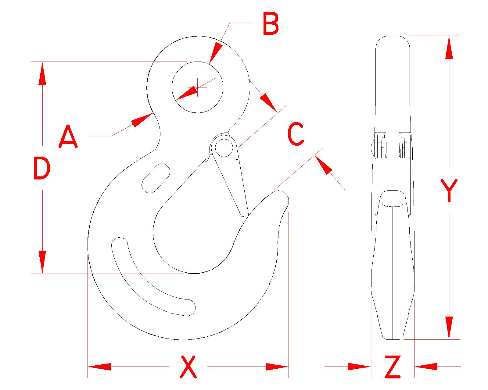 Stainless Steel Eye Slip Hook, Forged, Load Rated, S0454-0007, S0454-0008, S0454-0010, S0454-0013, Line Drawing